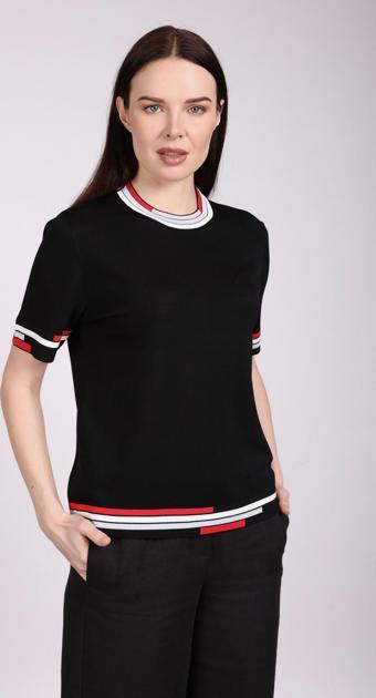 Sempre Kadın Bisiklet Yaka Etek Ucu ve Kolları Çizgili Merserize Bluz 2613 Siyah-Pembe
