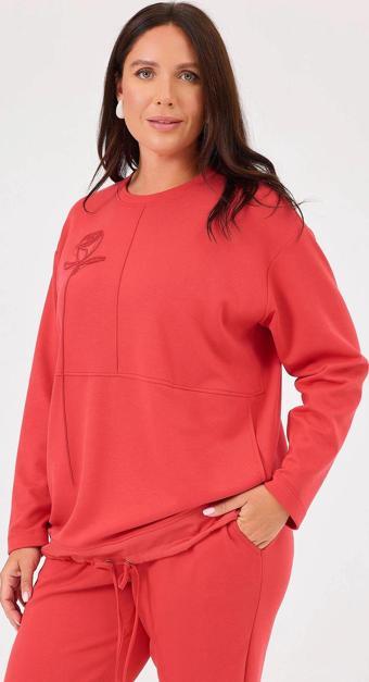 Galaxi Kadın Büyük Beden Gül Nakışlı Cepli Sweatshirt 4003 Kırmızı