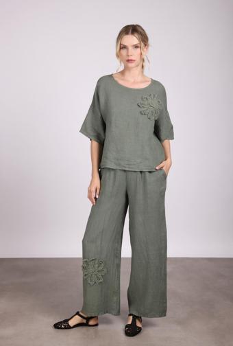 Sempre Kadın Oversize Kalıp Keten Alt-Üst Takım 2635 Yeşil