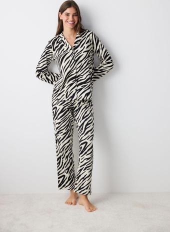 Penti Pamuklu Zebra Gri Gömlek Pantolon Pijama Takımı