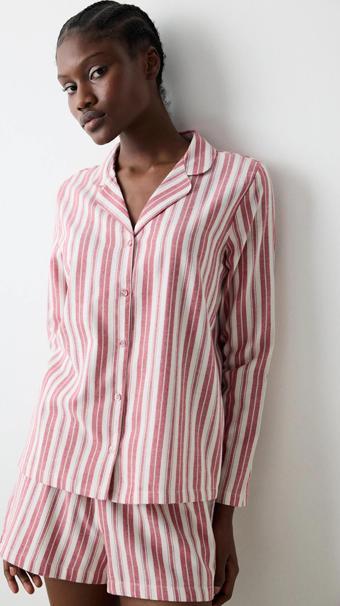 Düğmeli Aria Striped Kırmızı Gömlek Pantolon Pijama Takımı