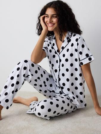 Penti Pamuklu Black Dotted Gömlek Pantolon Beyaz Pijama Takımı