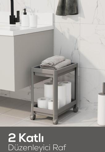 2 Katlı Tekerlekli Düzenleyici Raf - Banyo Dolabı Mutfak Tezgah ve Evye Altı Düzenleyici Gri