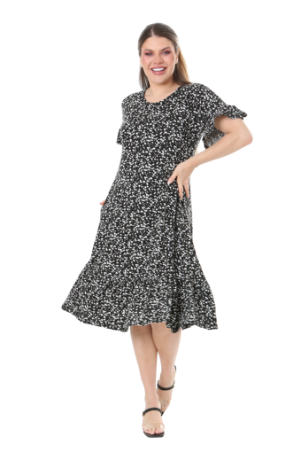 Melsay Butik Fırfırlı Cepli Siyah Çıtır Desenli Kısa Kollu Midi Elbise