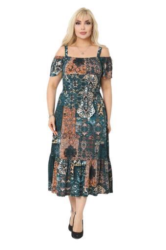 Melsay Butik Petrol Yeşili Askılı Madonna Yaka Midi Elbise