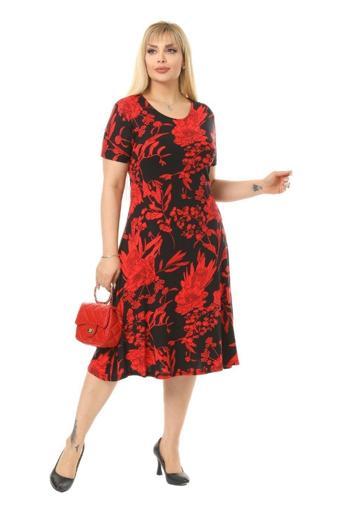 Melsay Butik Kırmızı Palmiye Desen Kısa Kollu Büyük Beden Midi Elbise
