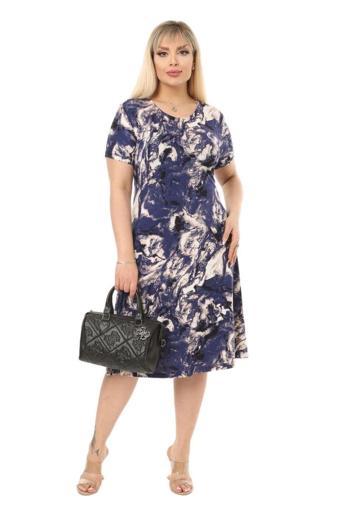Melsay Butik Mavi Batik Desen Kısa Kollu Büyük Beden Midi Elbise