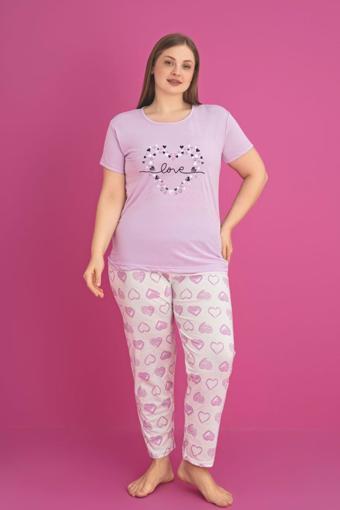 X-Dreamy Büyük Beden Pamuklu Kalp Desenli Kısa Kollu Pijama Takımı