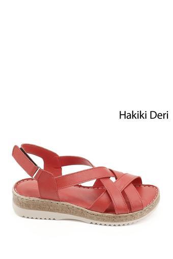 Kadın Kırmızı Antik Cırt Bantlı Hakiki Deri Sandalet