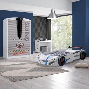 Çocuk Odası - Merso Arabalı Yatak - Sport 3 Kapılı Dolap, Masa - Beyaz