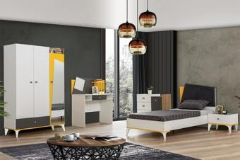 Giallo Genç Odası - 3 Kapılı Dolap, Karyola, Komodin, Masa, Şifonyer