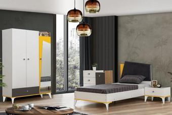 Giallo Genç Odası - 3 Kapılı Dolap, Karyola, Komodin, Şifonyer