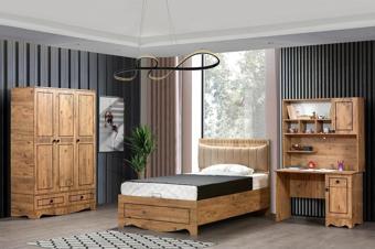 Papatya Genç Odası - 3 Kapaklı Dolap, Bazalı Karyola, Komodin, Masa - 90x190