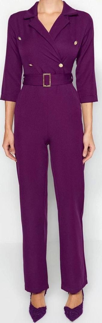 Kadın Moda Standart Kol Dar Paça Ceket Yaka Düz Desen Uzun Kemerli Kruvaze Yaka Dokuma Tulum