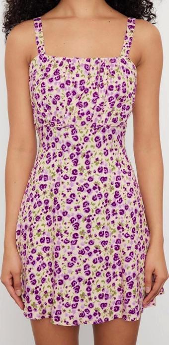 Kadın Moda Kalın Askılı Boru Paça Kare Yaka Çiçekli Desen Kısa Desenli Mini Dokuma Tulum