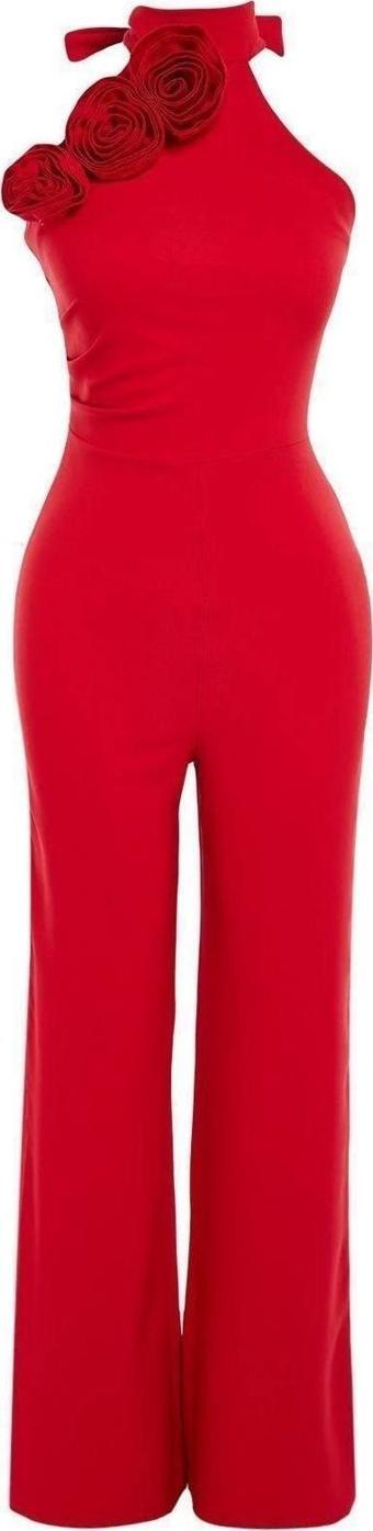 Kadın Moda Standart Kol Geniş Paça Halter Yaka Düz Desen Uzun Gül Detaylı Dokuma Tulum