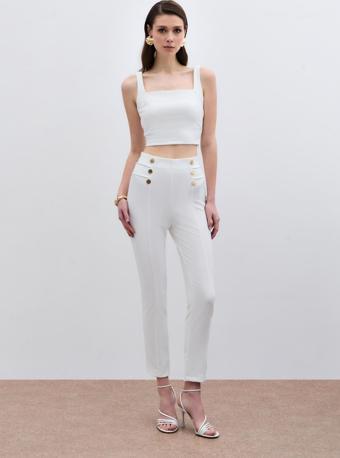 Düğme Detaylı Pantolon - Ekru