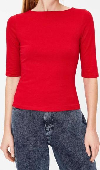 Moda Kayık Yaka Örme Slim Düz Desen Casual Günlük Regular Truvakar Kol Kol Bluz