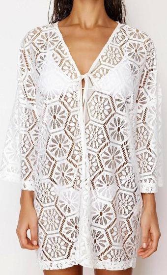 Moda Dokuma Oversize Kalıp Mini V Yaka Standart Kol Dantel Kruvaze Düz Desen Kimono Kaftan