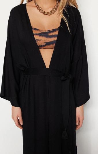 Moda Dokuma Regular Kalıp Uzun V Yaka Standart Kol Shally Panço Şal Desen Kimono Kaftan