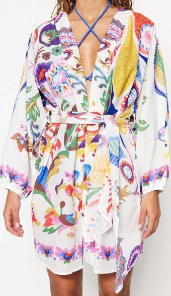 Moda Dokuma Regular Kalıp Uzun V Yaka Balon Kol Vual Basic Etnik Desen Kimono Kaftan