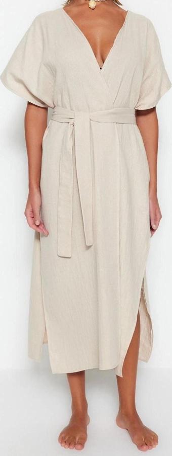 Moda Dokuma Oversize Kalıp Uzun V Yaka Standart Kol Müslin Kruvaze Düz Desen Kimono Kaftan