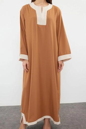 Moda Dokuma Rahat Kalıp Maxi V Yaka Düşük Kol Saten Basic Renk Bloklu Tesettür Giyim Kimono Kaftan