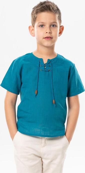 Kısa Kol Şile Bezi Zımbalı Yazlık Erkek Çocuk Tshirt Petrol 3053