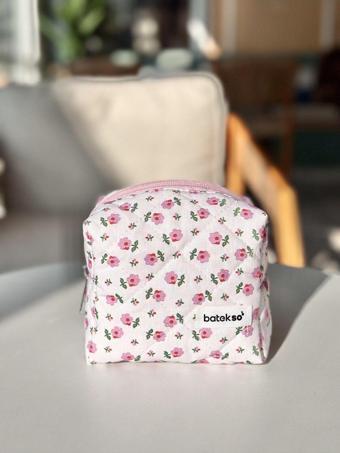Batekso Minik Pembe Çiçek Desenli Makyaj Çantası - Küçük Boy