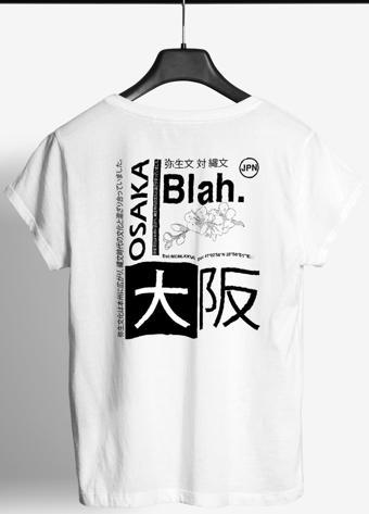 Arkası Osaka Japan Baskılı Bisiklet Yaka Erkek Tişört