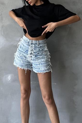 Dekoratif Dikiş Detaylı, Fermuarlı Jean Mini Kadın Denim Şort @Messina