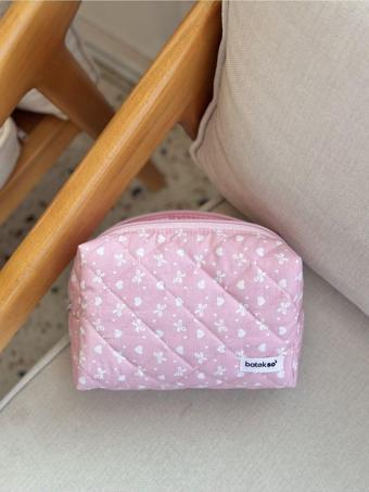 Batekso Pembe Kurdele Desenli Makyaj Çantası - Büyük Boy