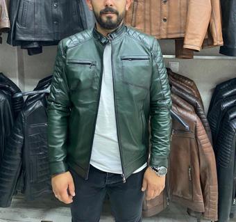 Nyc Giyim Tekstil Yeşil Karartmalı Hakiki Deri Spor Mont Ceket Slim Fit