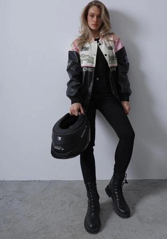 Motorcu Biker Ceket - Siyah-Pembe-Ekru