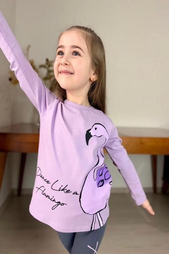 Flamingo Desenli Lila Renk Kız Çocuk Taytlı Takım