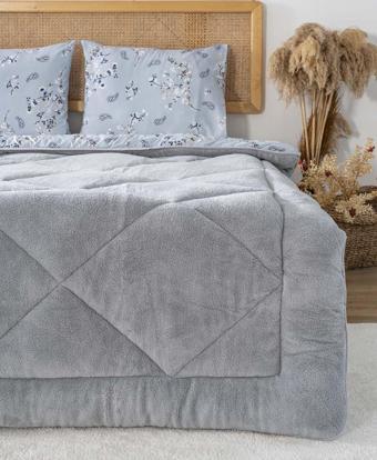 Gri Çiçekli Loura Çift Kişilik Çift Taraflı Lüx Wellsoft Yorgan Seti 195x215 cm