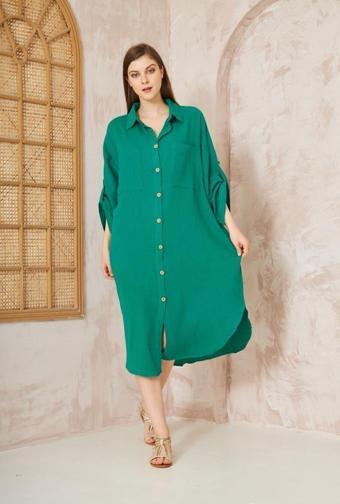 Kadın Müslin Extra Geniş Oversize Yarasa Kol Cepli Uzun Kollu Yazlık Gömlek Elbise 3440440