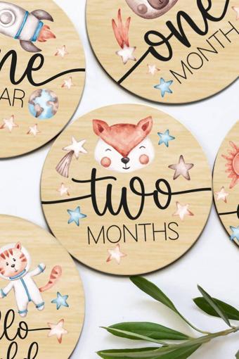 Enjoymydesign Uzay Temalı Aylık Bebek Kartları Ingilizce Milestone Cards Astronot Hayvanlar Ay Kartları
