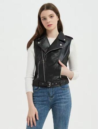 Nyc Giyim Tekstil Hakiki Kuzu Derisi Kadın Motorcu Tarzı Biker Yelek