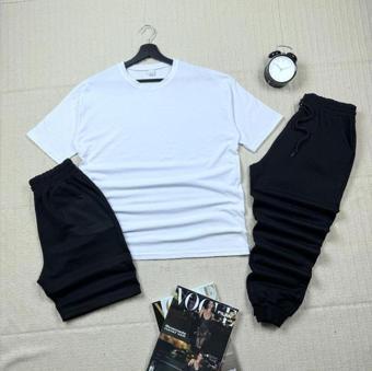 3 Lü Yazlık Dar Kesim Şort-Tshirt-Eşofman Kombin Baskısız