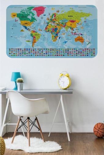 Dünya Haritası Eğitici Ülke Bayraklı Türkçe Harita Çocuk Odası Genç Odası Duvar Sticker