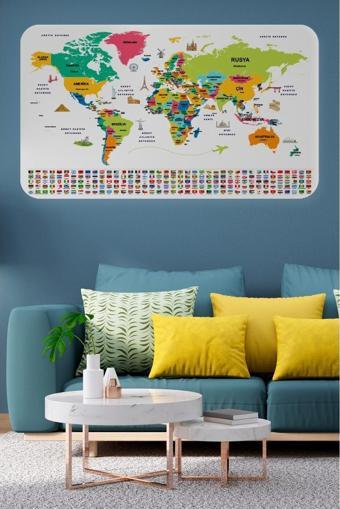 Türkçe Ülke Bayraklı Eğitici Başkent Detaylı Atlası Dünya Haritası Duvar Sticker