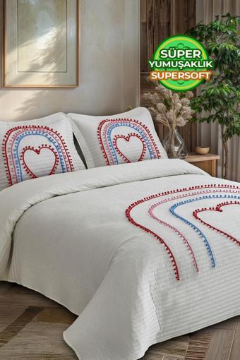Evlen Home Collection Hale Renkli Ponponlu %100 Pamuk Çift Kişilik Yatak Örtüsü Kalpli ( Pike ) Takımı