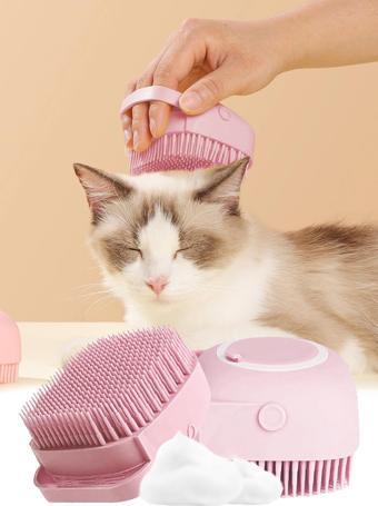 Şampuan Hazneli Kedi Ve Köpek Evcil Hayvan Yıkama Fırçası Silikon Pembe