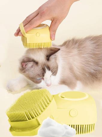 Şampuan Hazneli Kedi Ve Köpek Evcil Hayvan Yıkama Fırçası Silikon Sarı