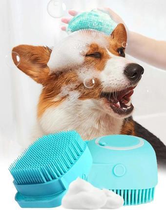 Şampuan Hazneli Kedi Ve Köpek Evcil Hayvan Yıkama Fırçası Silikon Mavi