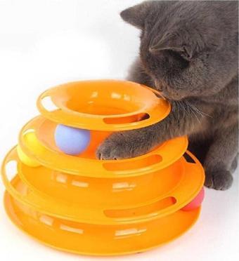 3 Katlı Toplu Yuvarlak Kedi Oyuncağı, Sarma Topu, Turuncu Toplu Yuvarlak Kedi Oyuncağı Kedi Eğlencesi