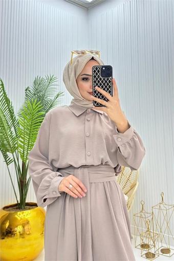 Dip Moda kadın kuşaklı gömlek yaka salaş tesettür tulum NMS010
