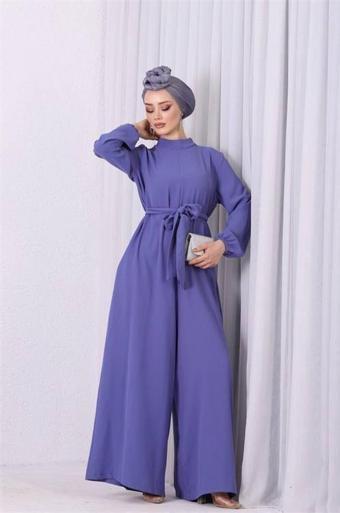 Dip Moda kadın lila mavisi kuşaklı gül detaylı salaş tulum NMS003