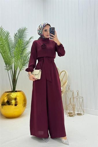 Dip Moda kadın bordo kuşaklı gül detaylı salaş tulum NMS003
